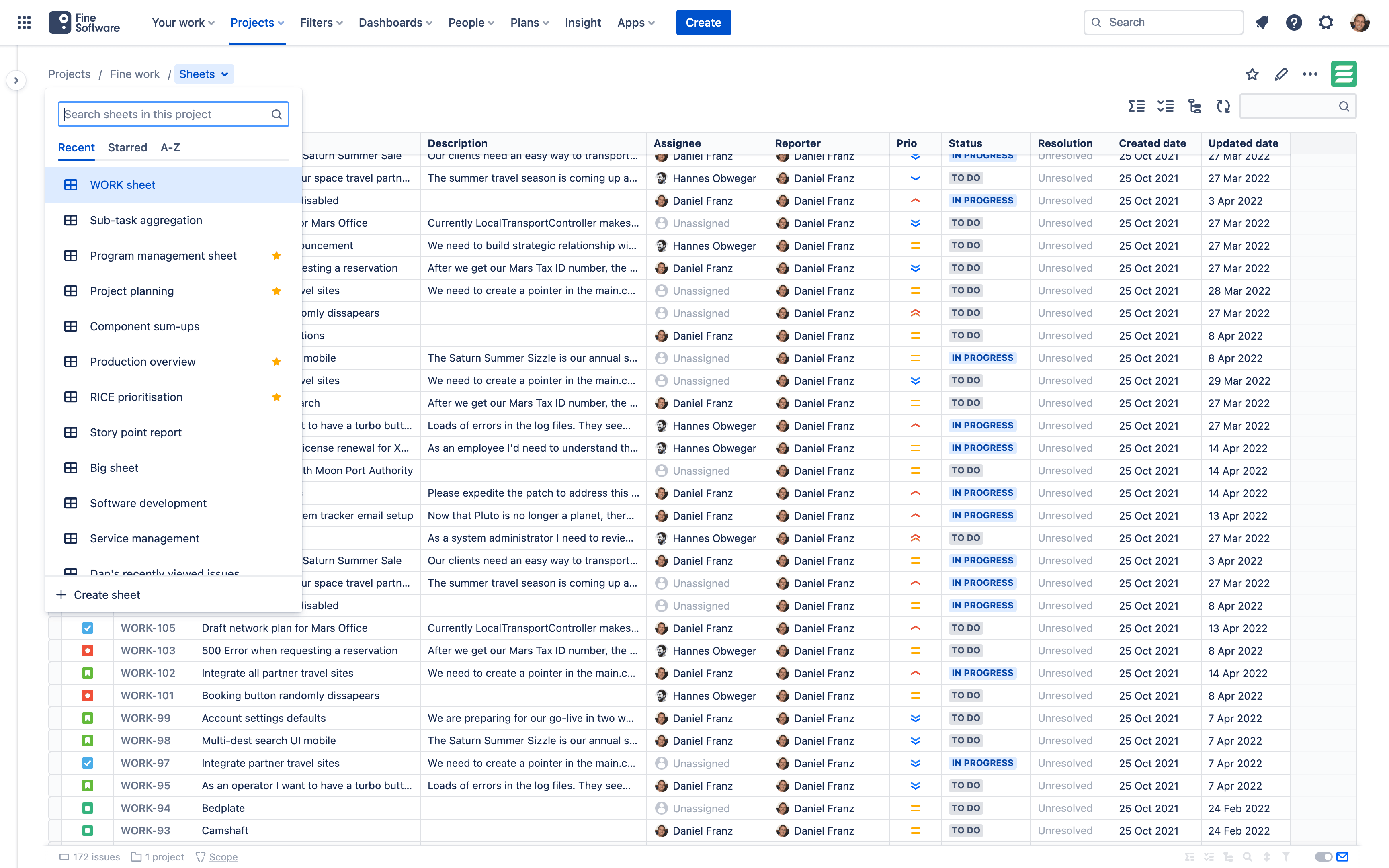 Sheets menu